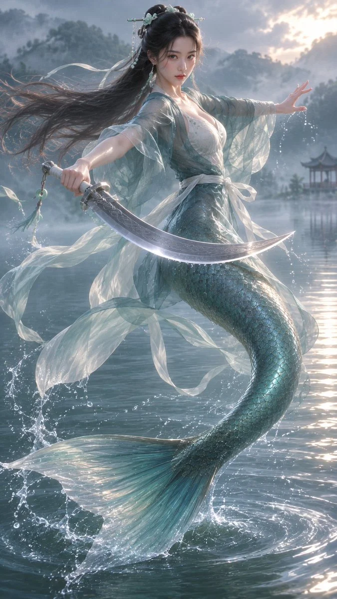 Oriental Mythical Fish Spirit with sequential panels, clear scene planning and cinematic visual flow