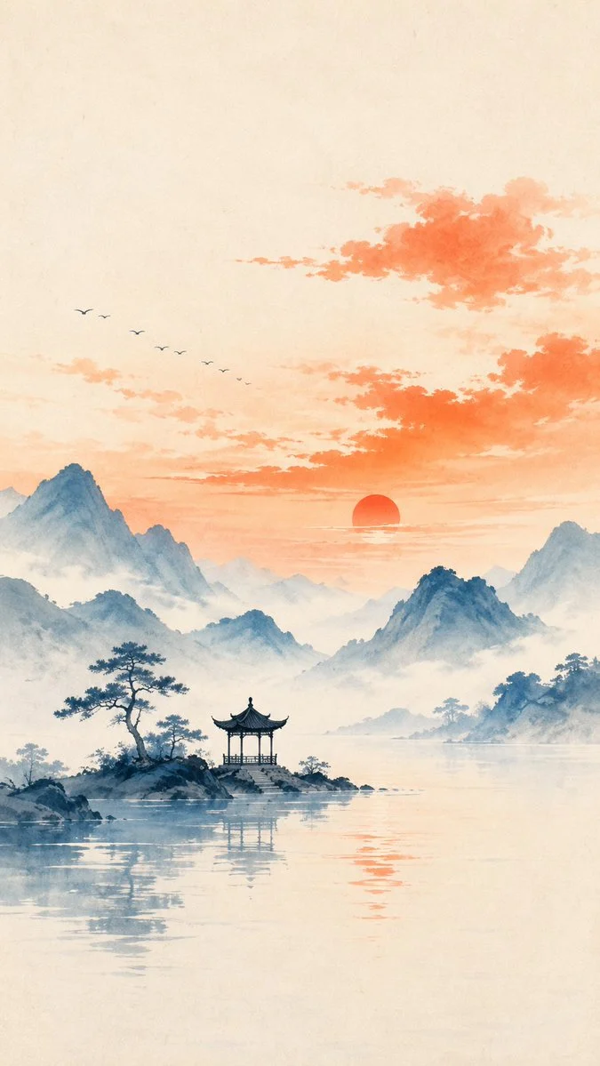 A minimalist Oriental Zen illustration of a quiet pavilion in a high-contrast landscape with refined negative space
