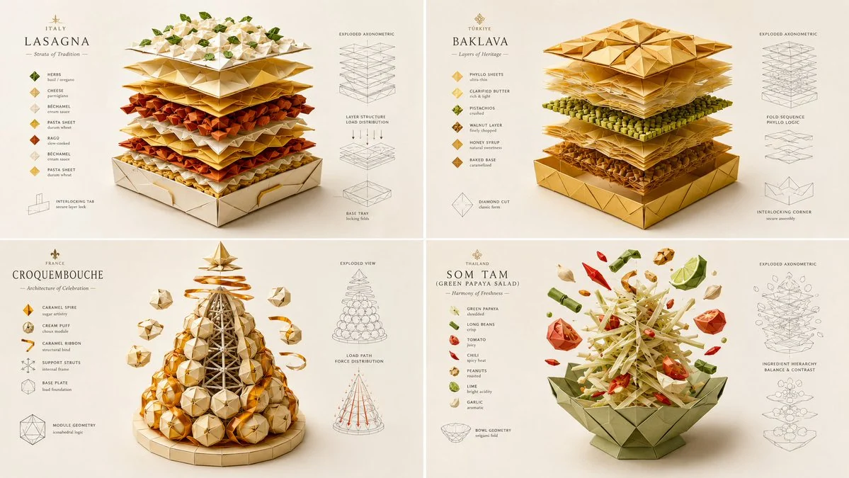 Origami-style food poster with folded paper ingredients arranged in a clean editorial composition
