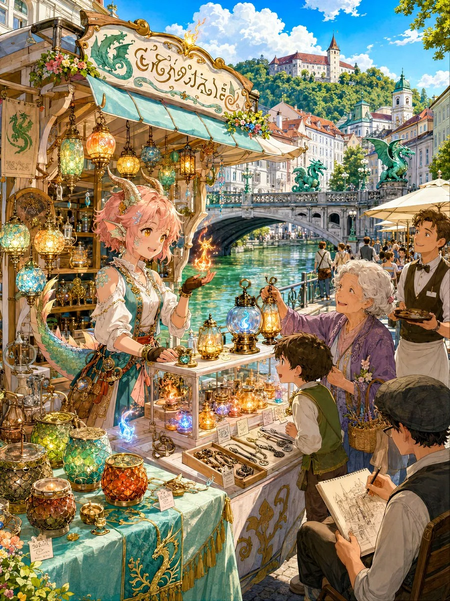Otherworldly dragon girl in a fire-lit shop with fantasy details, glowing atmosphere, and anime poster styling