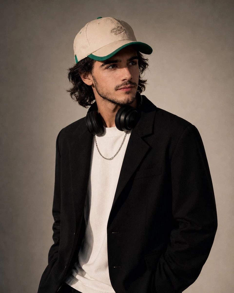 A young man with curly hair wears a beige cap and black jacket, exuding an introspective vibe against a neutral background