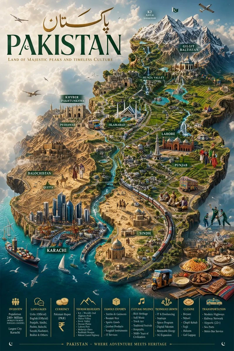 A detailed miniature world map of Pakistan showcases diverse landscapes, from snow-capped mountains to vibrant cities and lush valleys, all suspended in clouds