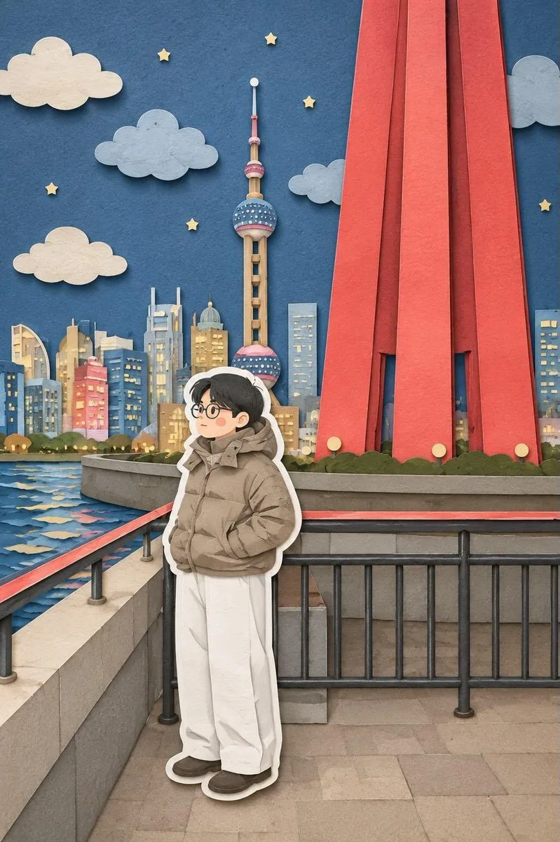 Papercut city diorama shows a bundled character by a waterfront railing with skyline towers and layered paper scenery