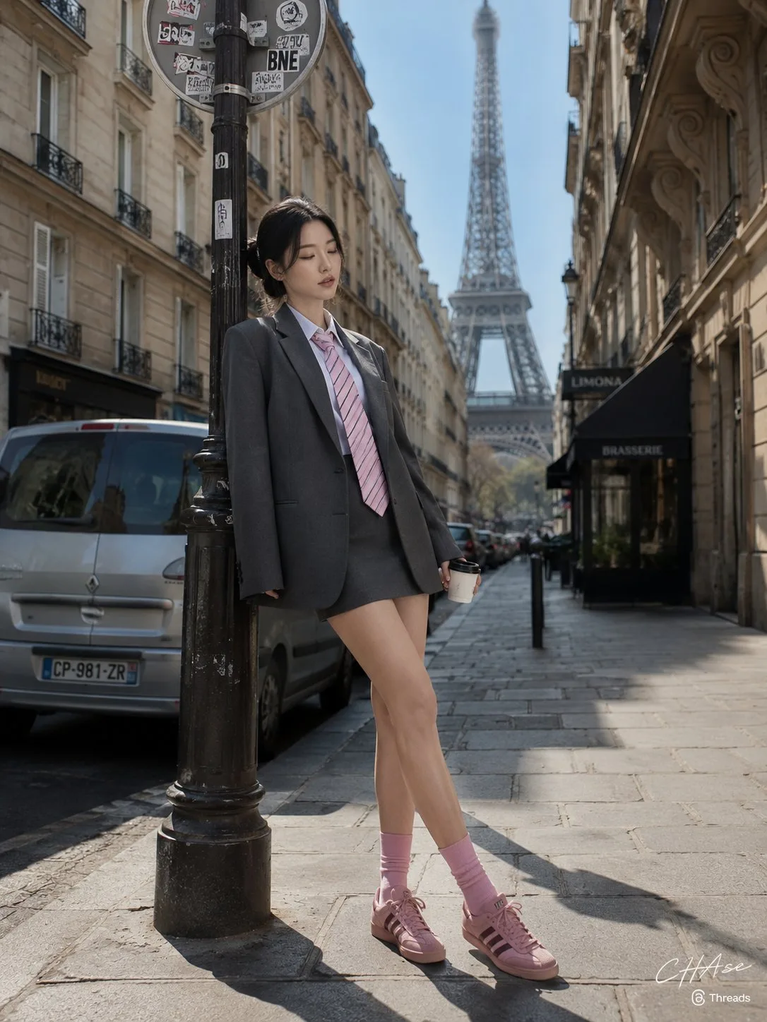 Paris Streetlamp Full-Body Pose showing an editorial portrait subject with styled wardrobe, lighting and background detail