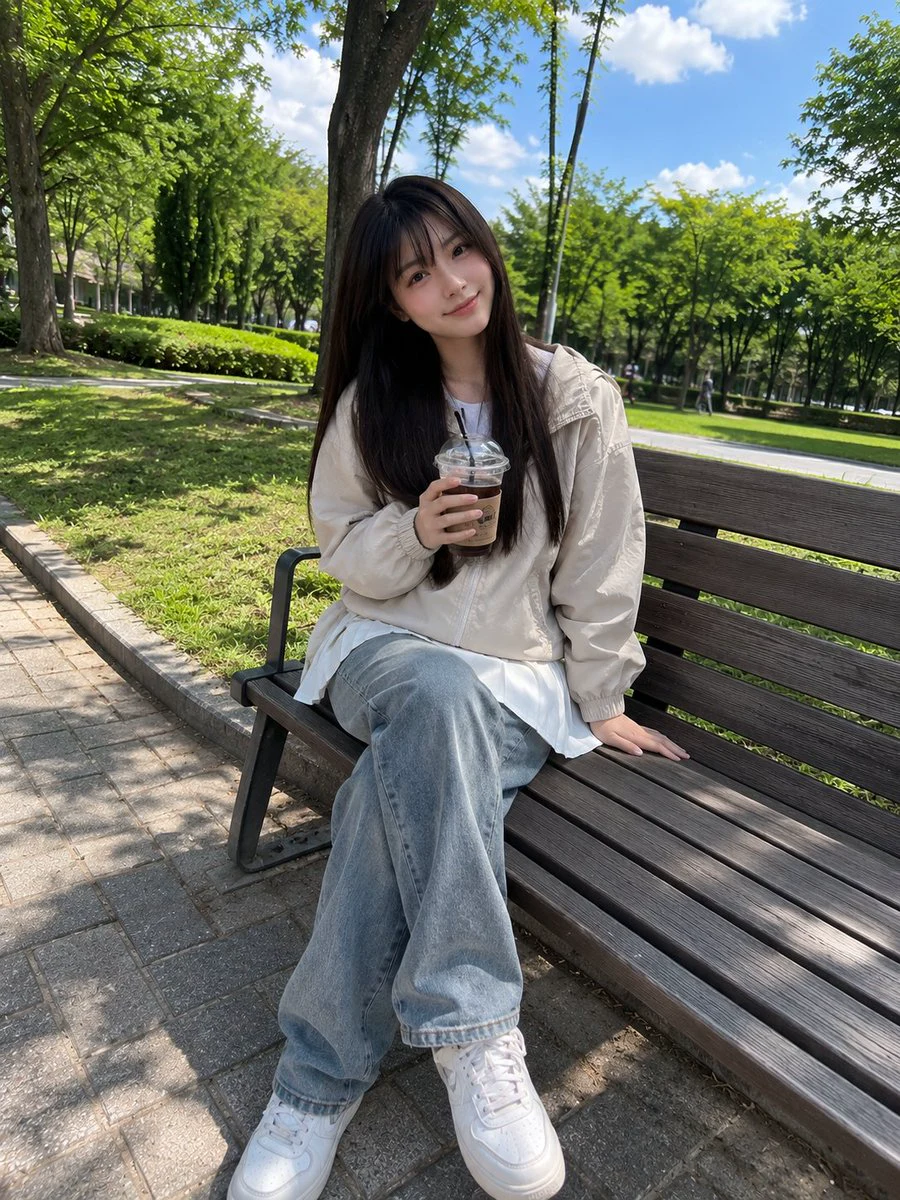 Japanese girl sitting on a park bench with iced coffee in a bright green outdoor smartphone portrait