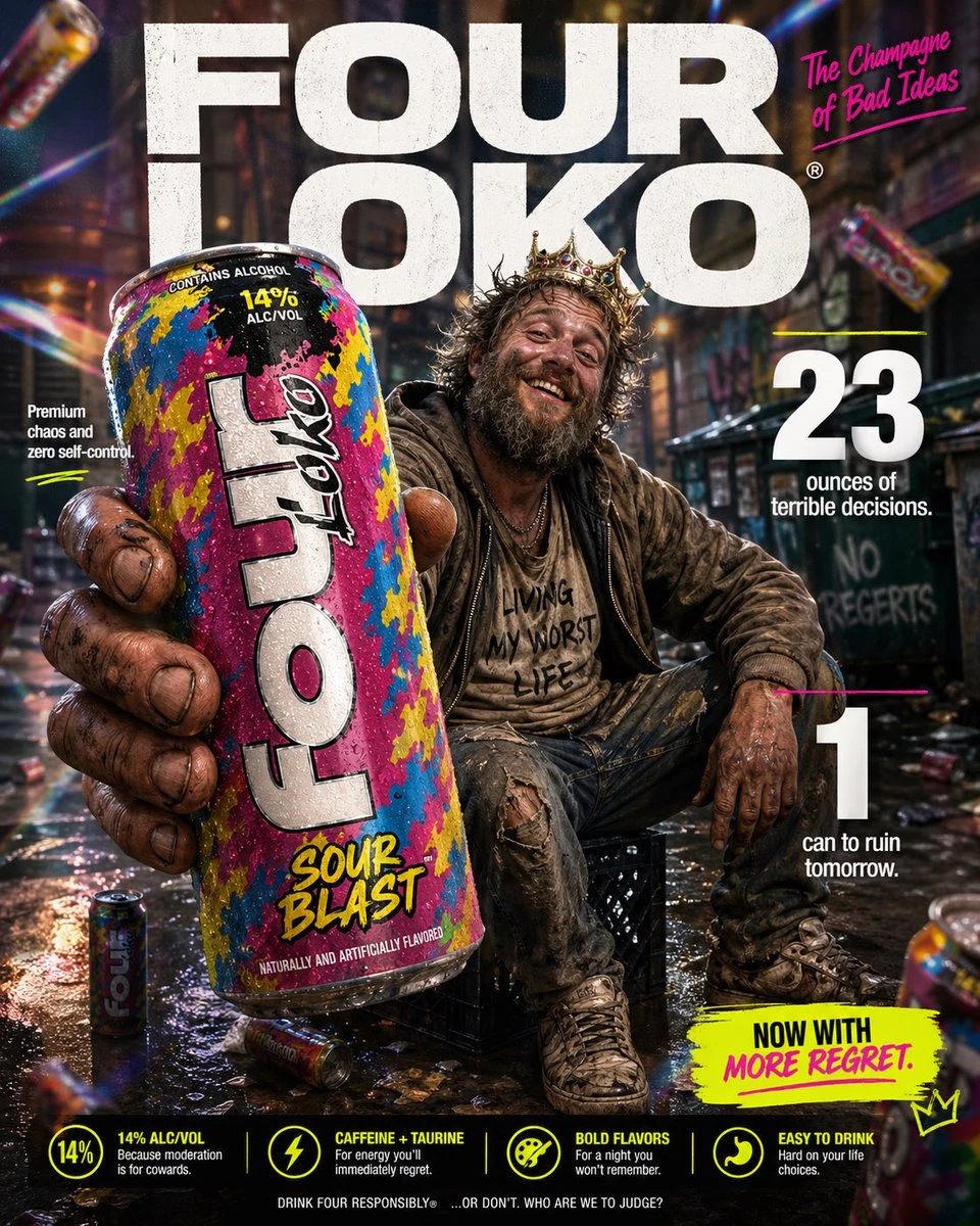 A weathered hand holds a brightly colored can of Four Loko, with a disheveled man grinning confidently on a milk crate in a gritty urban alley