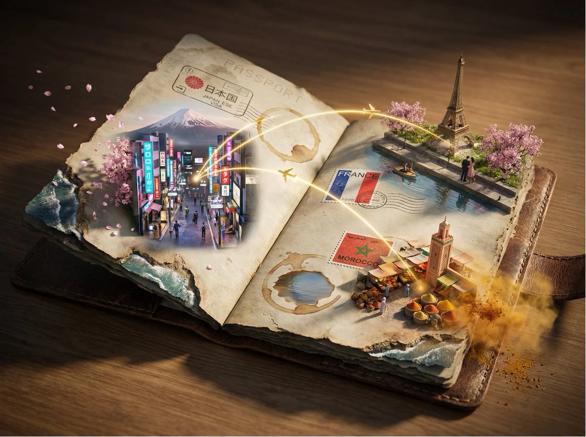 GPT Image 2 prompt example showing an open passport whose visa stamps unfold into miniature travel destinations