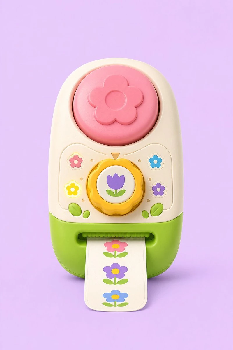 Pastel toy sticker-stamp printer with flower buttons and a strip of printed flower stickers