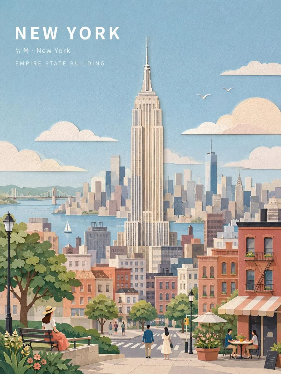 GPT Image 2 prompt example showing a pastel paper-collage New York travel poster with the Empire State Building