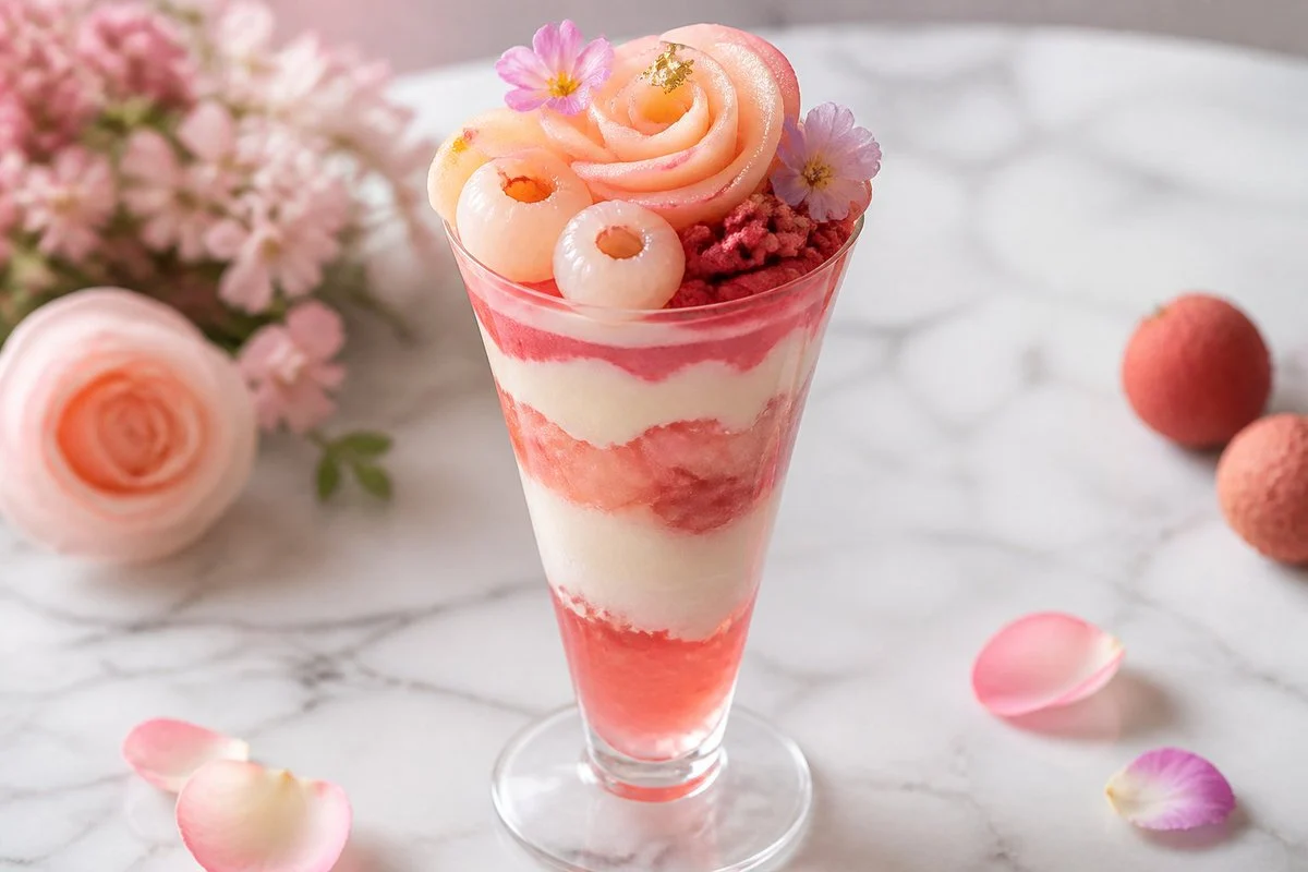 Pastel Peach Lychee Rose Parfait: Generates an elegant pastel food photograph of a layered floral parfait for dessert menus, social posts, or lifestyle...