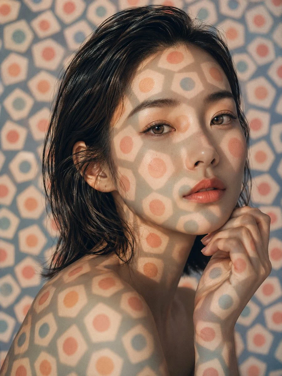 Patterned Light Beauty Portrait: social media prompt preview with platform-ready composition and clear design.