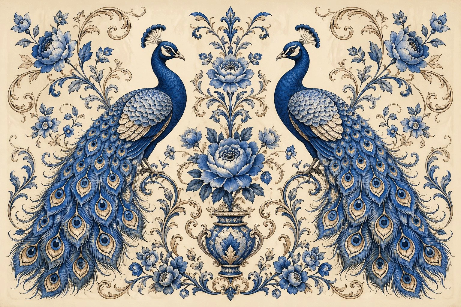 Two elegant blue peacocks with intricate feather patterns are symmetrically framed by blue floral elements on a soft beige background