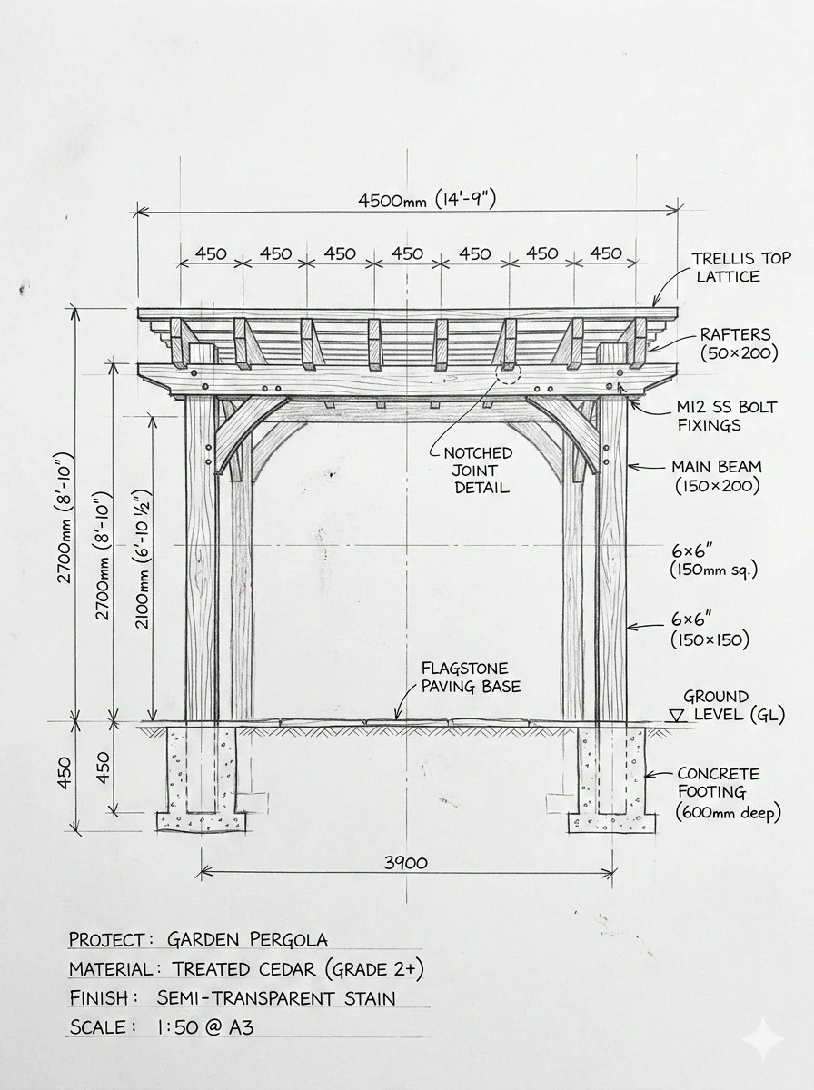 Hand-sketched garden pergola blueprint on white paper with construction notes, dimensions and front elevation lines