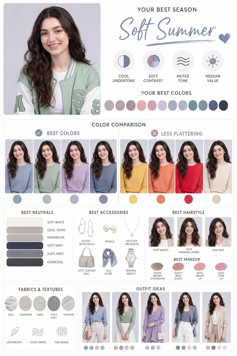 A personal color analysis graphic highlights the "Soft Summer" season, showcasing best colors, accessories, hairstyles, and outfit ideas for the subject