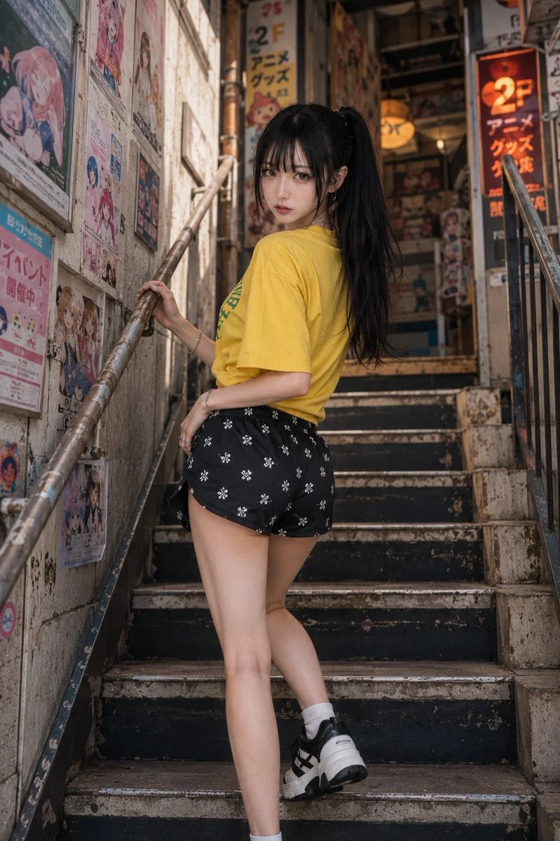 Fashion editorial portrait of a woman posed on modern urban stairs