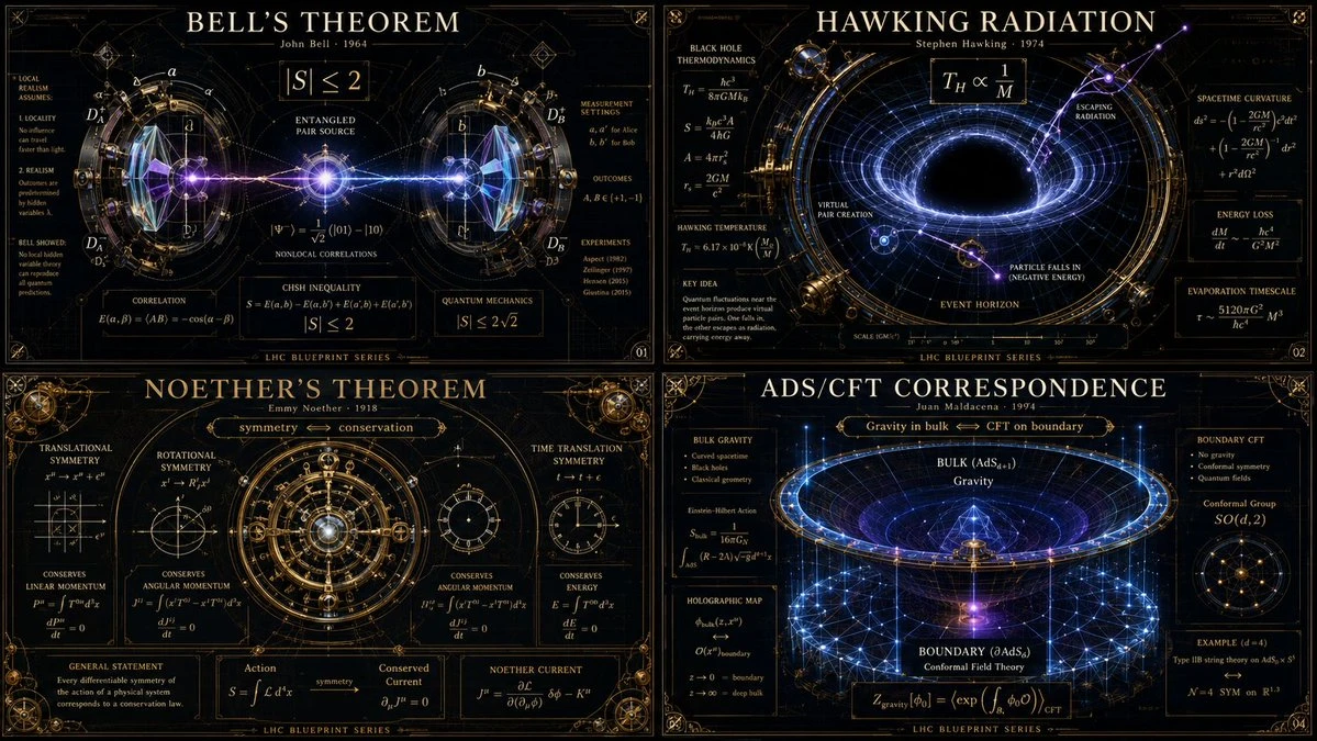Four advanced physics theorems are illustrated with intricate diagrams and glowing mathematical notations on a dark, textured background