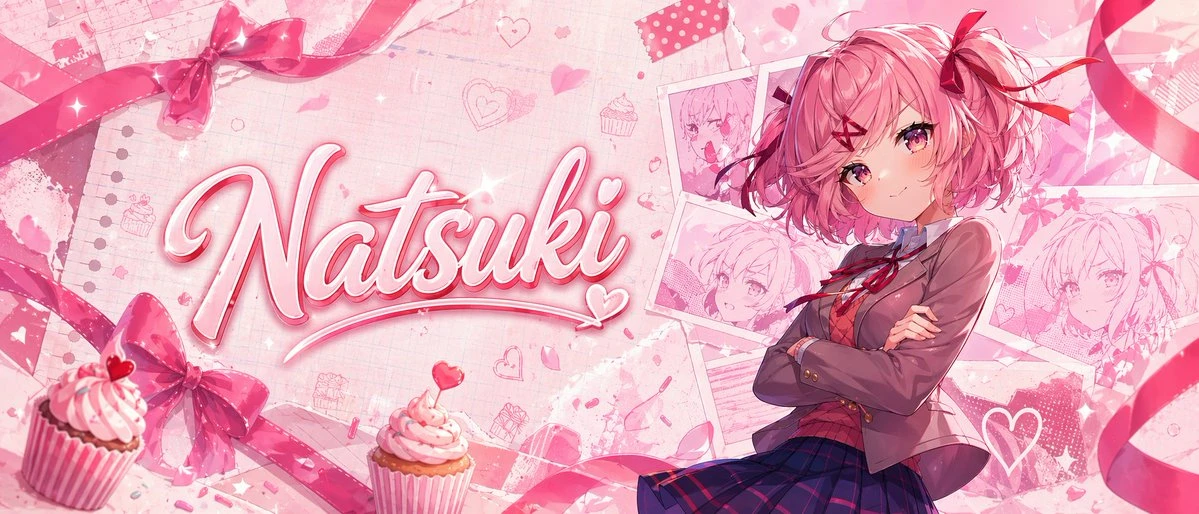 A confident anime girl with fluffy pink hair and a school uniform stands against a pastel pink scrapbook background featuring sweets and hearts