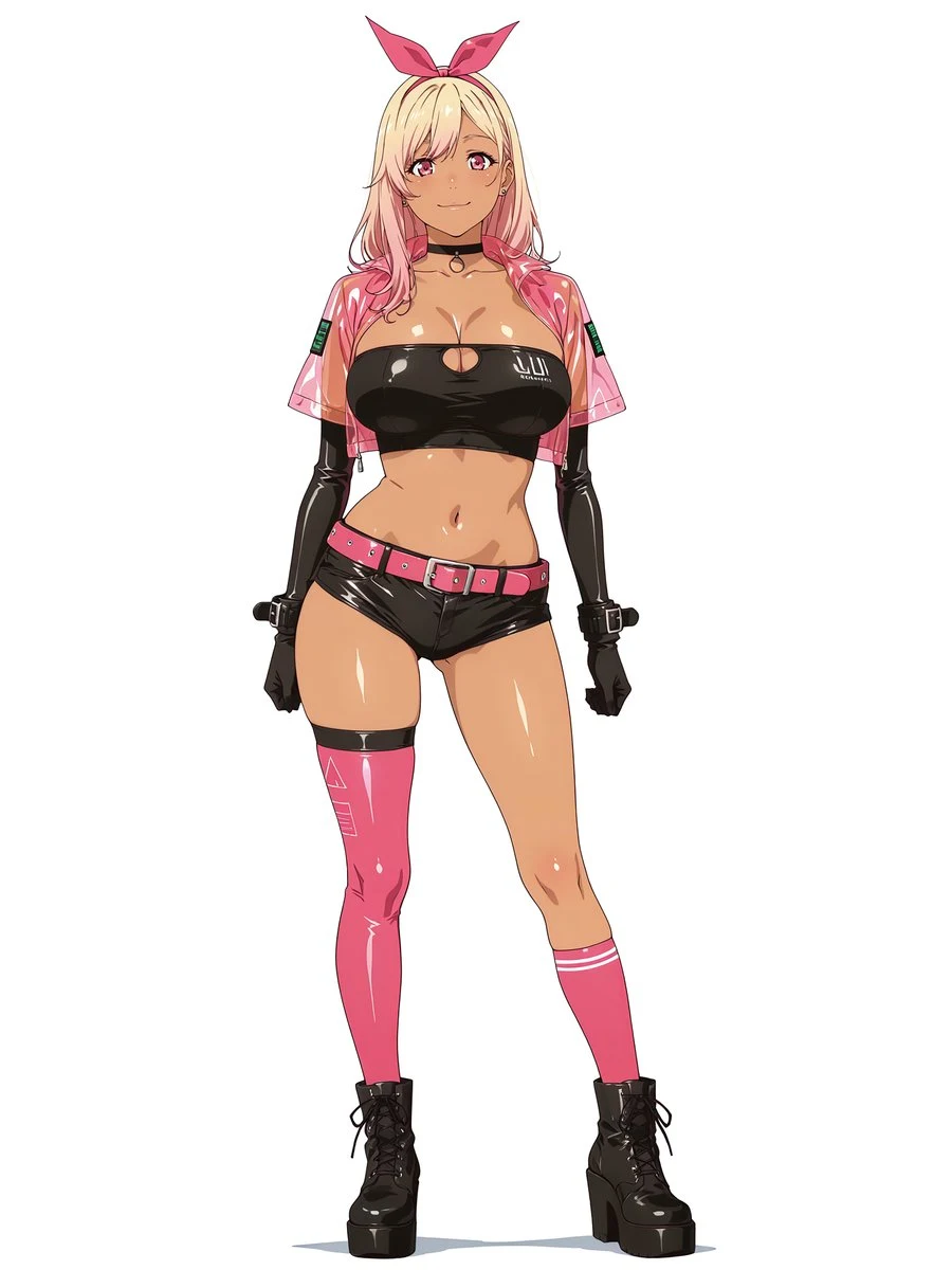 Pink cyberpunk anime survivor girl with futuristic armor, vivid neon accents, and a dramatic dystopian backdrop.