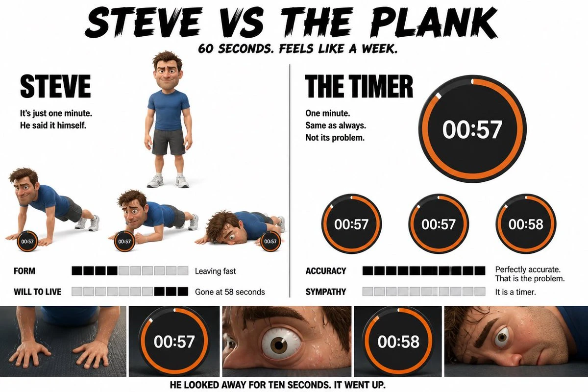Two Pixar-style characters, Steve and a timer, are depicted side by side on a clean white background, showcasing humorous fitness struggle details