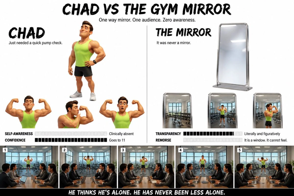 Chad, a Pixar 3D character with an athletic build, flexes confidently beside a mirror, contrasting self-awareness and audience perception