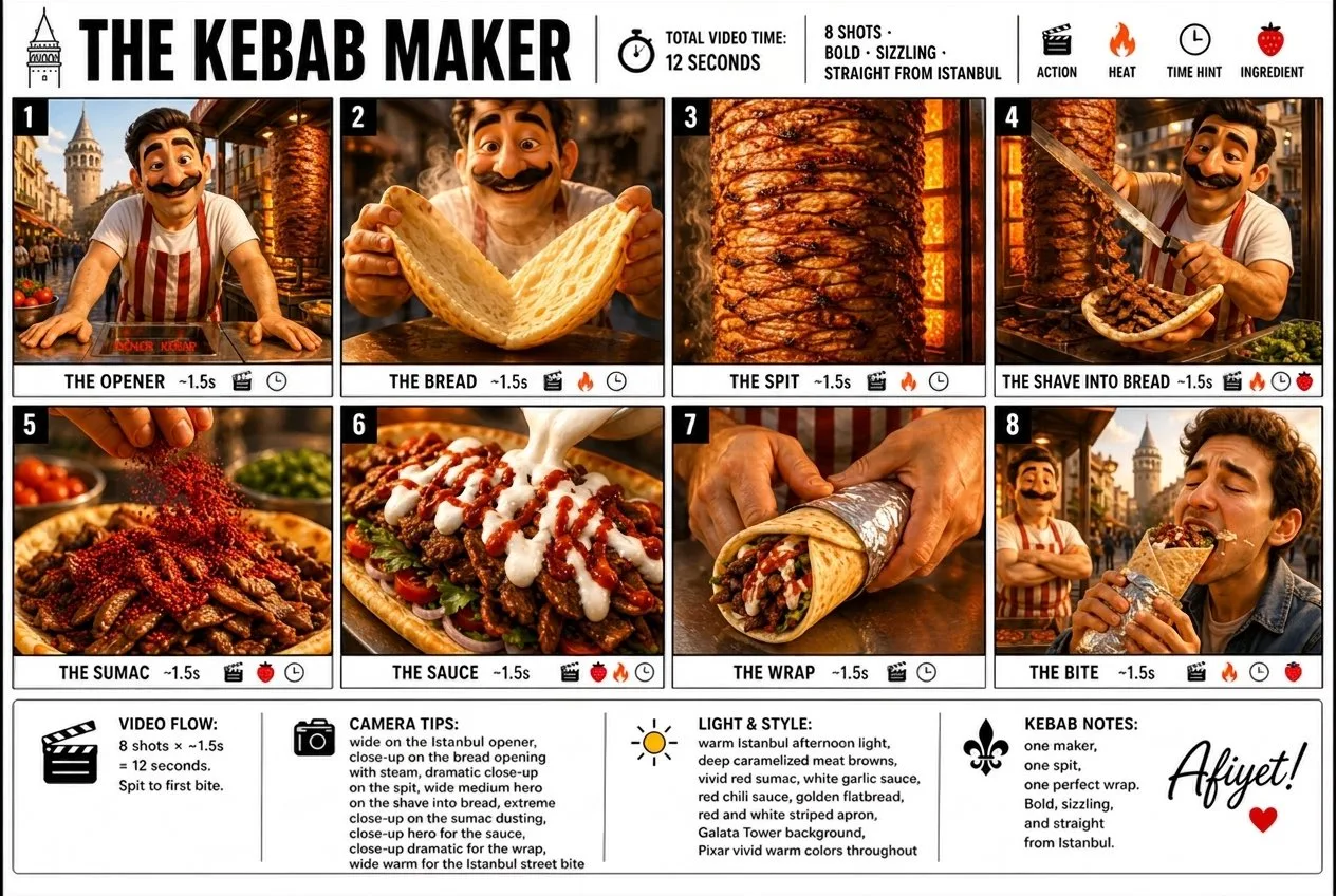 Pixar 3D Kebab Maker Storyboard Poster with sequential panels, cinematic shot planning and a polished storyboard layout