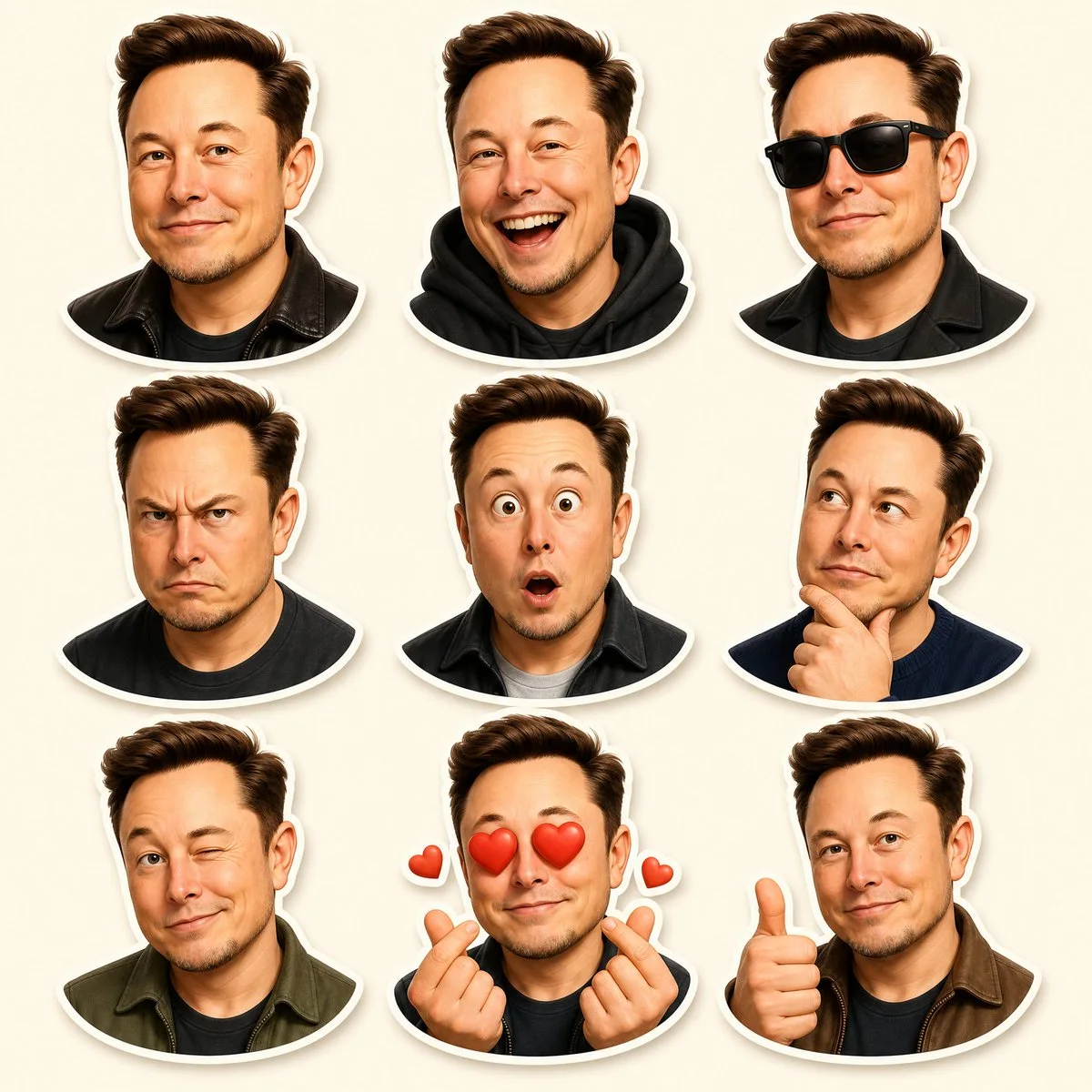 A premium 3×3 Pixar-inspired 3D sticker sheet of one recognizable character with nine distinct expressions and gestures