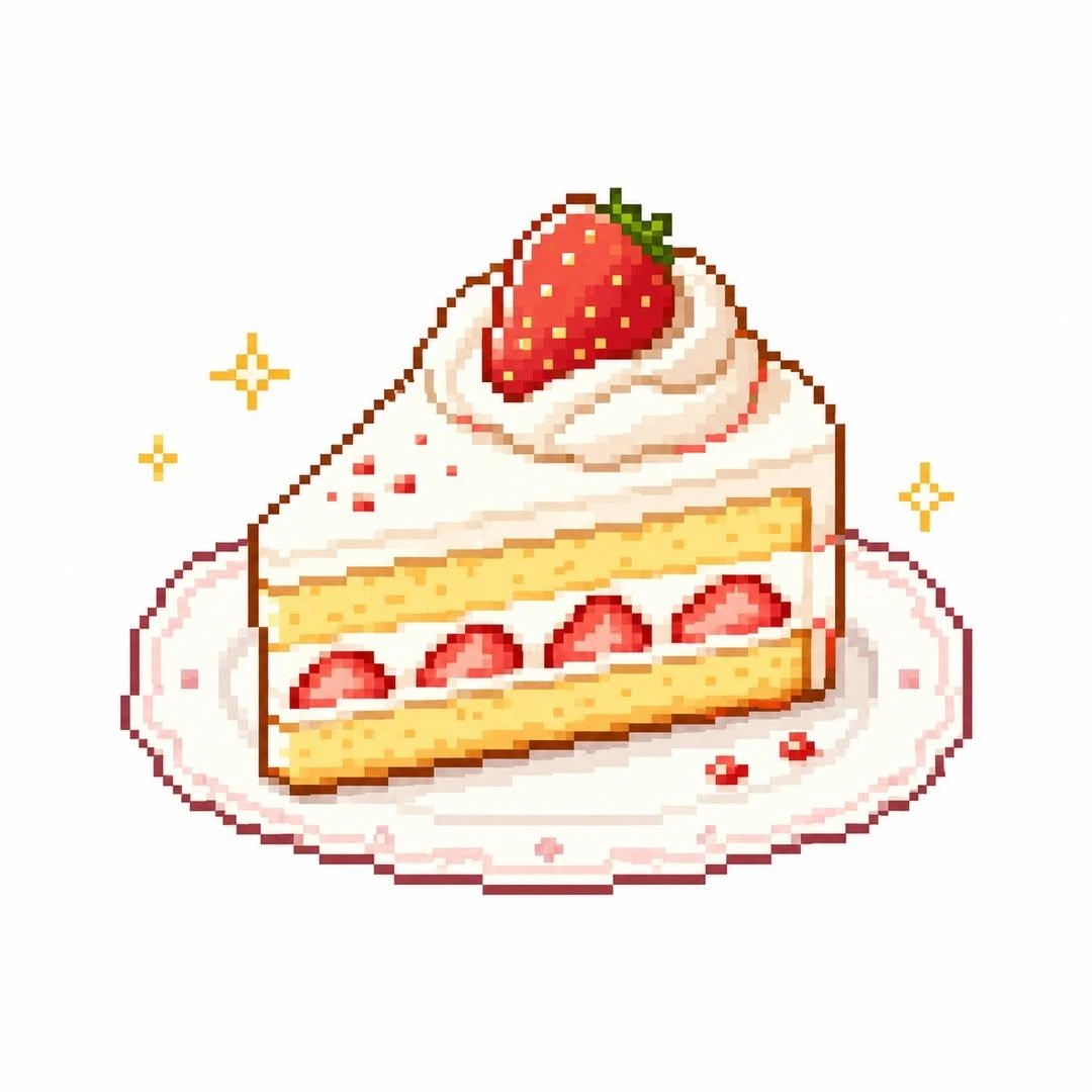 A slice of pixel art strawberry shortcake sits on a decorative plate, featuring layers of cream and strawberries with sparkles around it