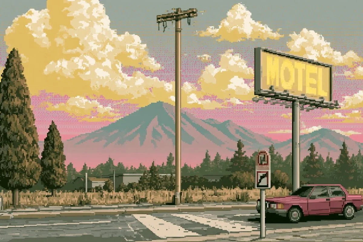 Pixel Art Retrowave Motel Roadside with character-focused concept art, game-ready styling and detailed fantasy design