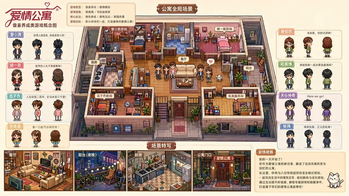 Pixel art concept board for a drama-themed game featuring character designs, scene layouts, and dialogue summaries in a cozy apartment setting