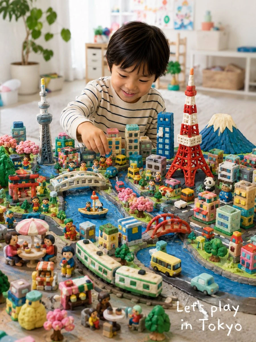 A five-year-old child joyfully arranges a colorful Play-Doh miniature city featuring landmarks, parks, and tiny clay people at a cozy craft table
