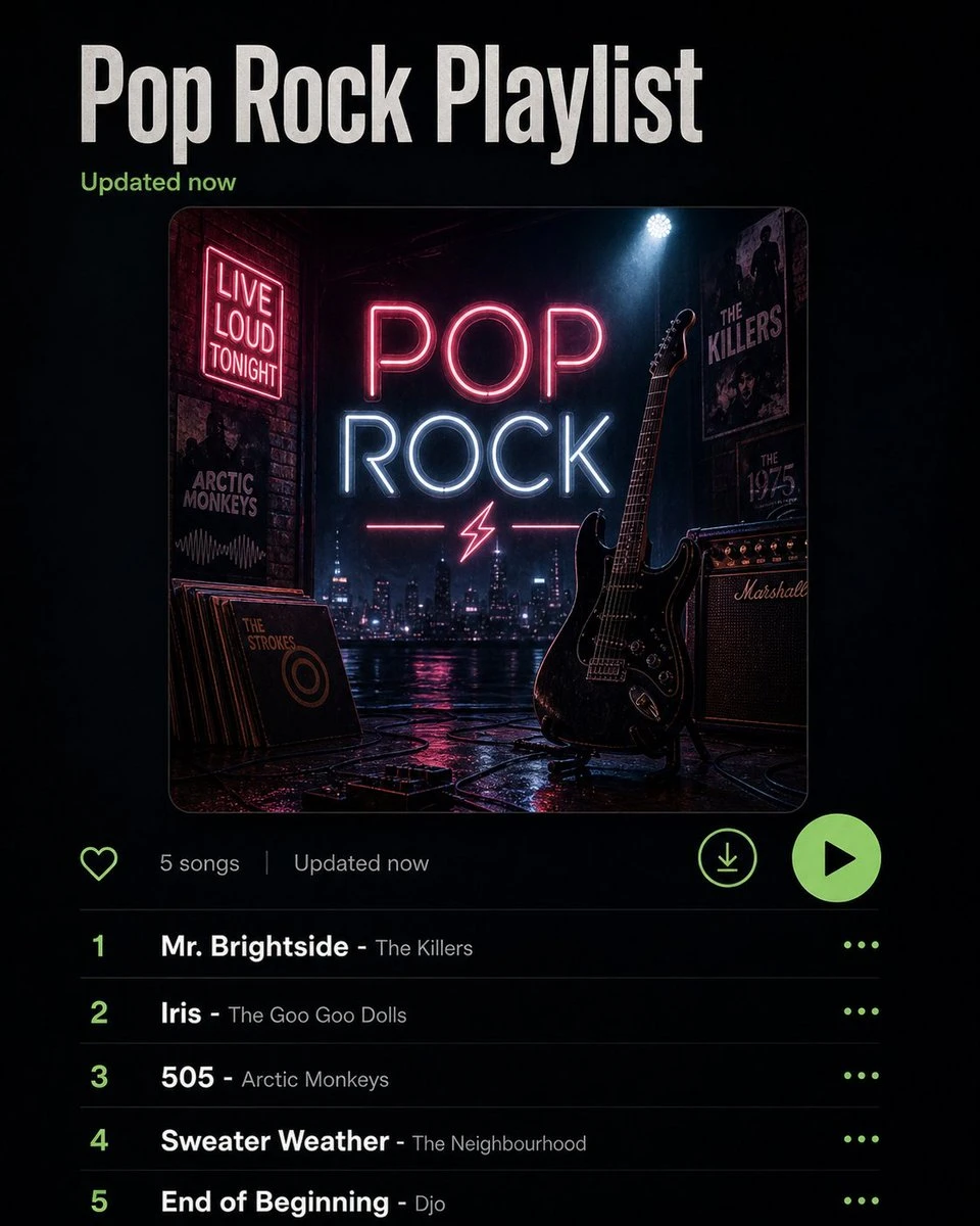 A neon-lit album cover for a Pop Rock playlist features an electric guitar and vibrant colors.