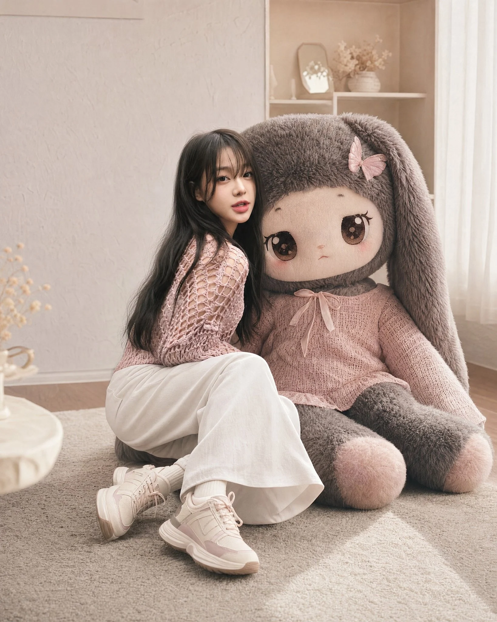 GPT Image 2 prompt example showing a young woman seated beside an oversized plush mascot in a cozy room