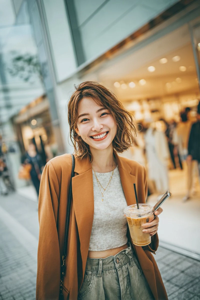A smiling woman in a brown blazer holds a drink while standing in a shopping area.