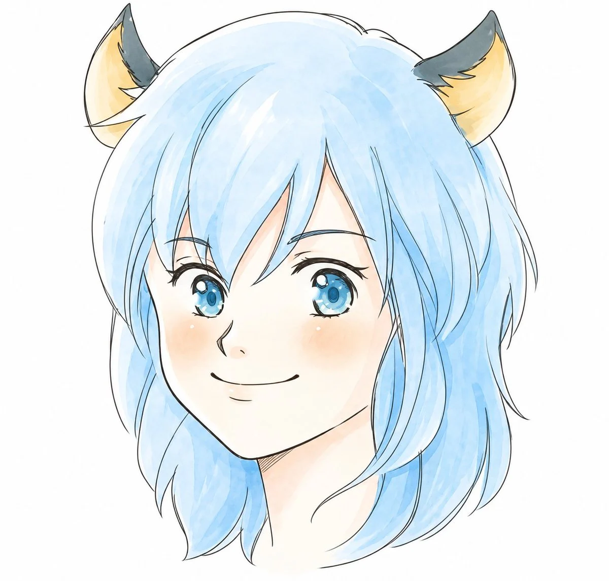 Polished watercolor cel-anime kemomimi bust portrait preserving the original character design