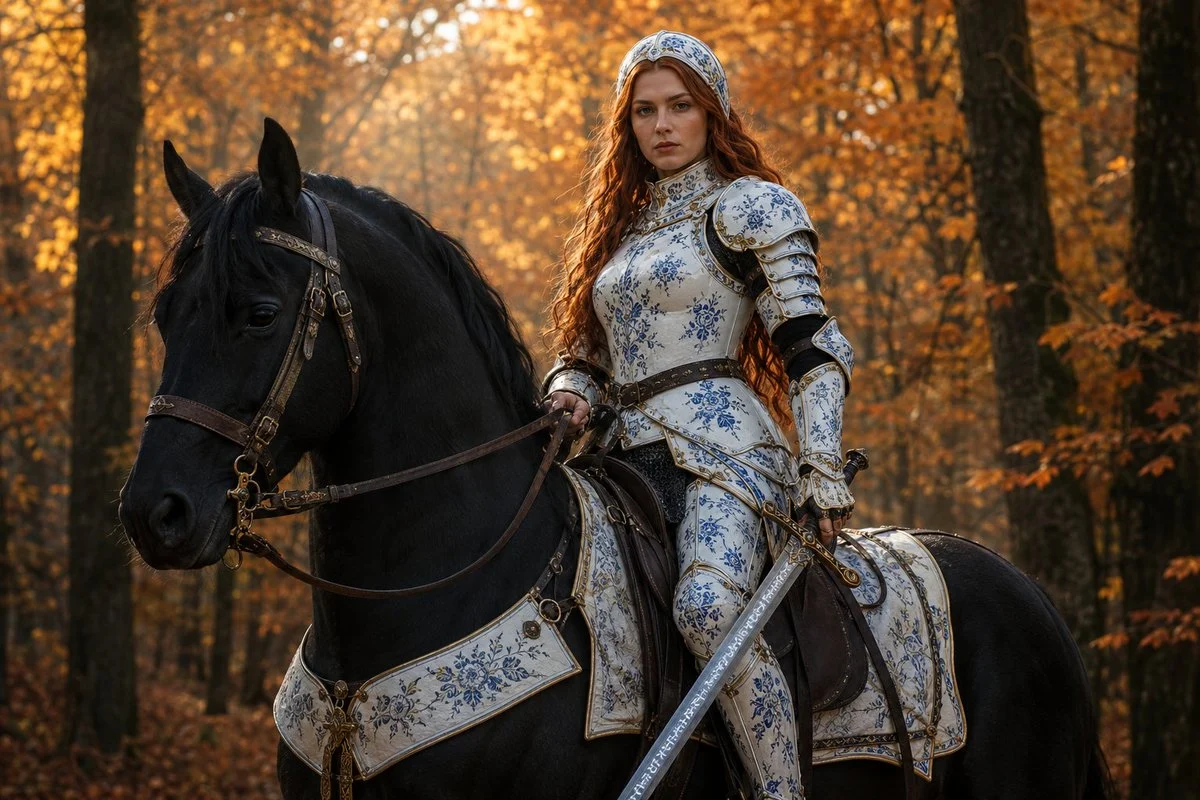 Porcelain Armor Female Knight with sequential storytelling, expressive character design and cinematic panel composition