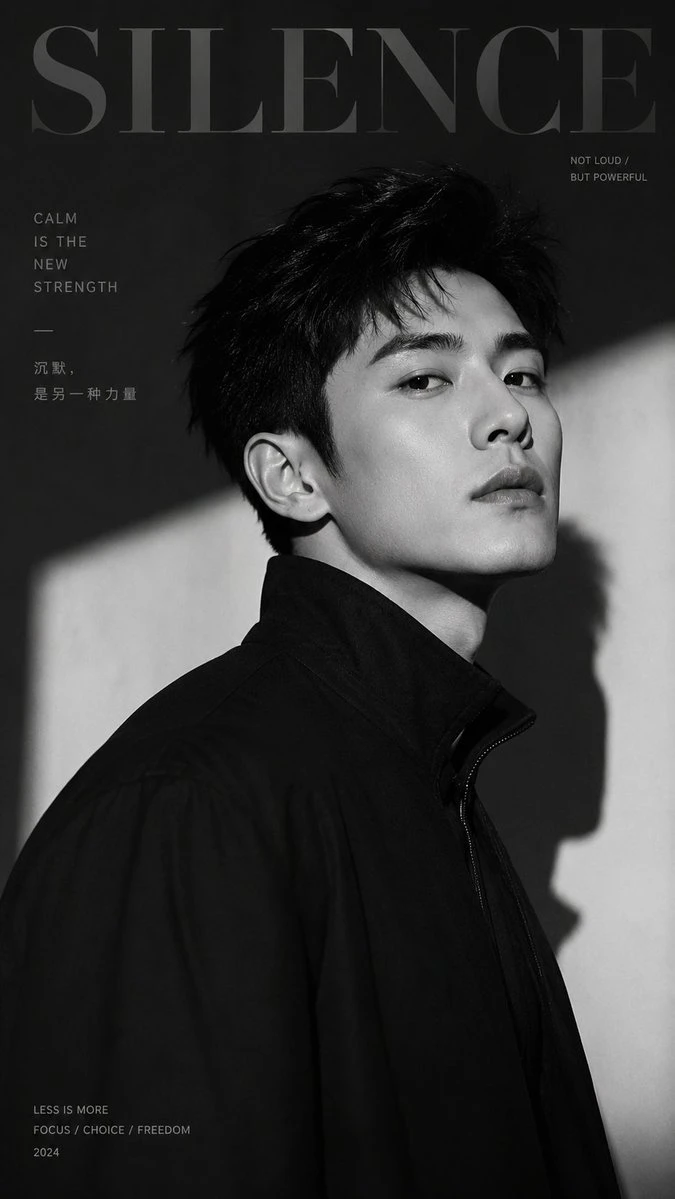 A confident young man in a black jacket poses in profile against a dramatic light and shadow backdrop, exuding modern sophistication