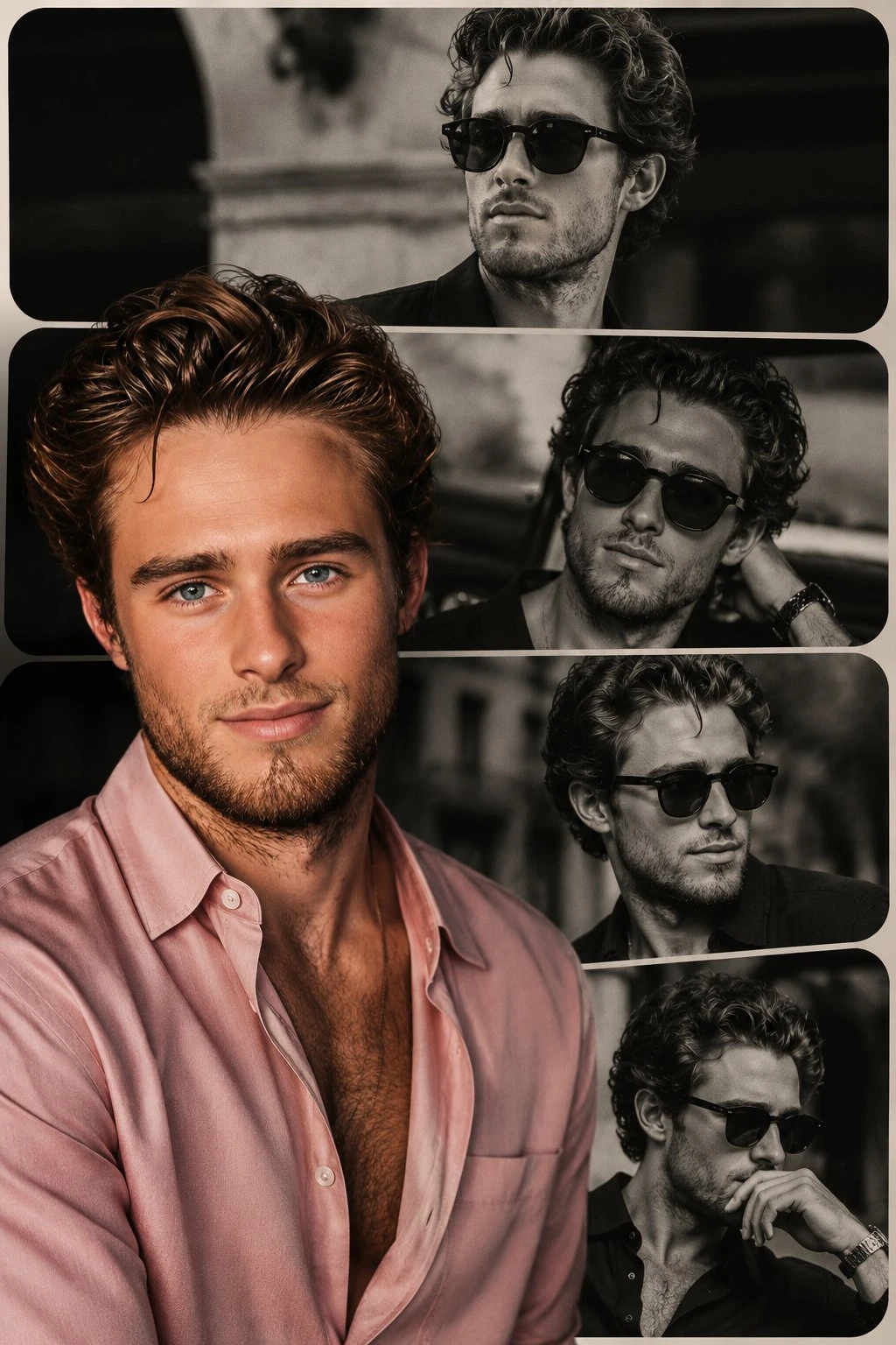 A high-end portrait collage features a curly-haired male model in dark sunglasses, with black-and-white film strips and a vibrant pink shirt cutout