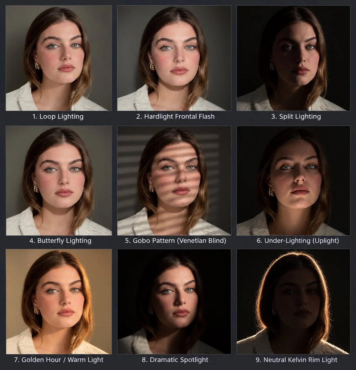 Portrait Lighting Study Grid with structured labels, readable hierarchy and presentation-ready information design
