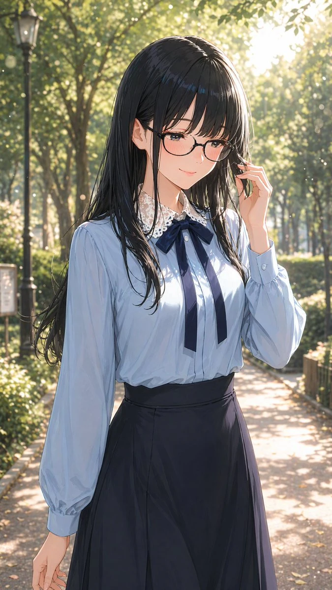 A gentle woman with glasses smiles softly while wearing a light blue blouse and a dark skirt in a sunlit park setting