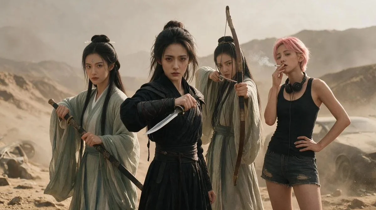 Post-Apocalyptic Wuxia Standoff with character-focused concept art, expressive styling and detailed illustration design