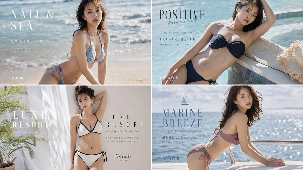 Four-panel poster featuring Japanese models in stylish swimwear, showcasing various poses and designs against a beach backdrop