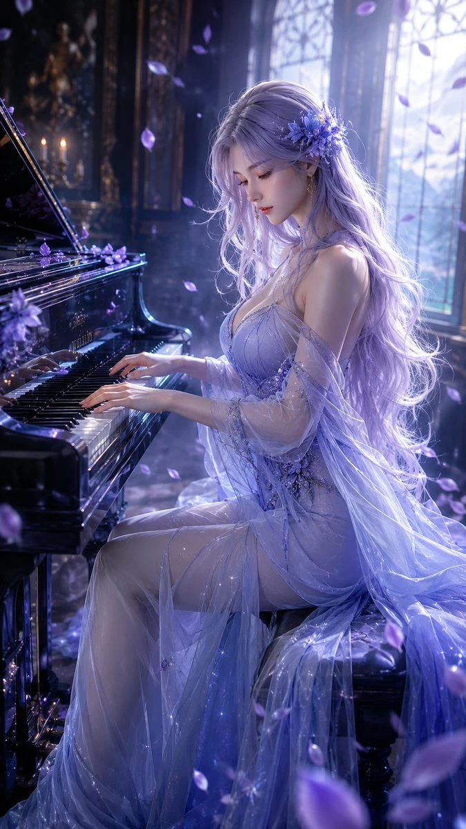A mature female character with long silver-purple hair plays a black grand piano in a dimly lit, ethereal music room surrounded by floating purple petals
