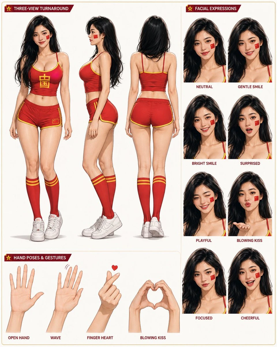 The character card features a three-view illustration of a female character in a red sports outfit, showcasing various facial expressions and hand gestures
