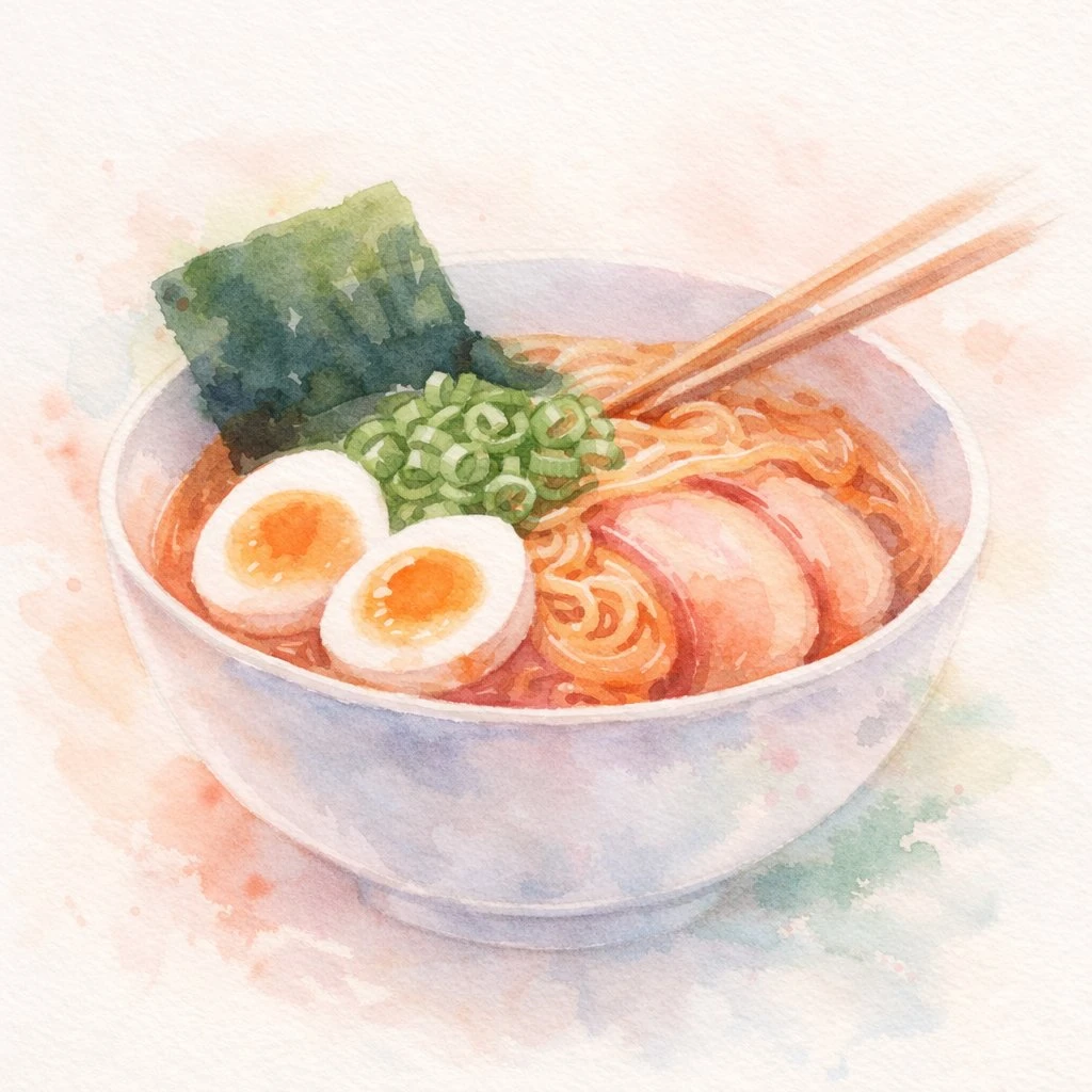 A bowl of ramen features soft-boiled eggs, sliced pork, green onions, and nori, depicted in a soft watercolor style