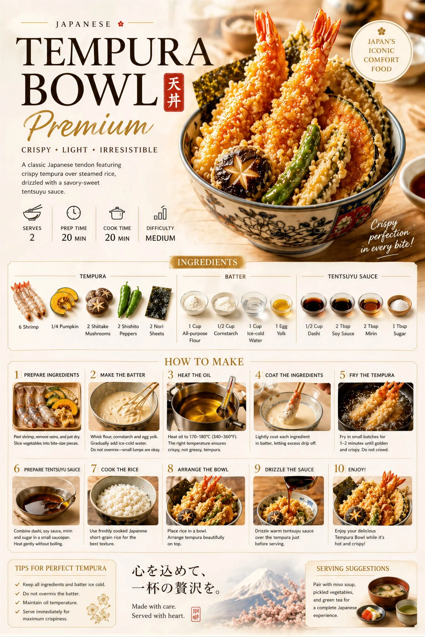 A beautifully designed recipe poster for Tempura Bowl features a vibrant dish with shrimp and vegetables, set against a cream background with elegant typography