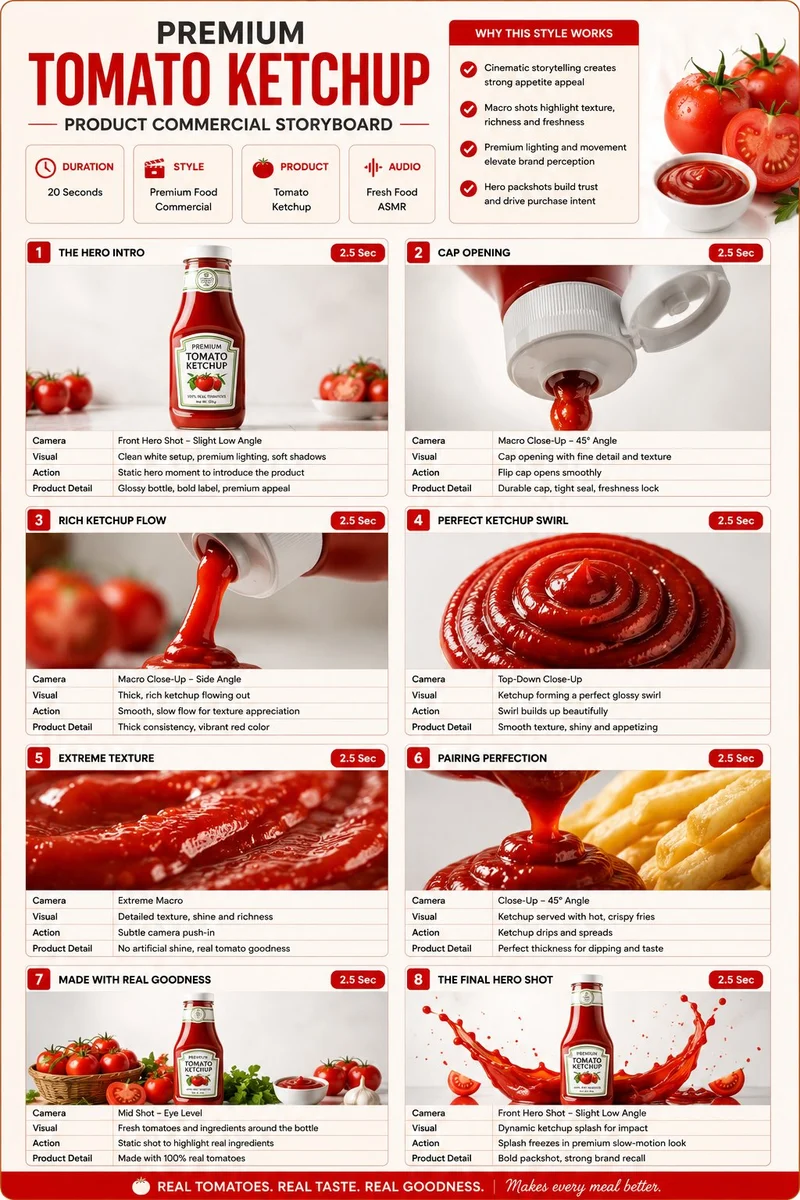 Premium Ketchup Commercial Storyboard with sequential panels, clear scene planning and cinematic visual flow