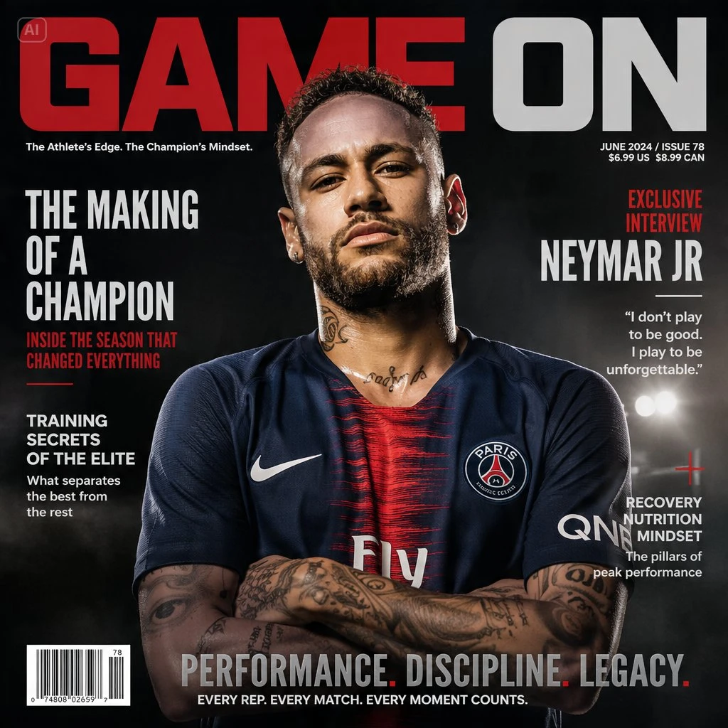 Premium sports magazine cover with a footballer portrait, Game On headline and bold editorial typography