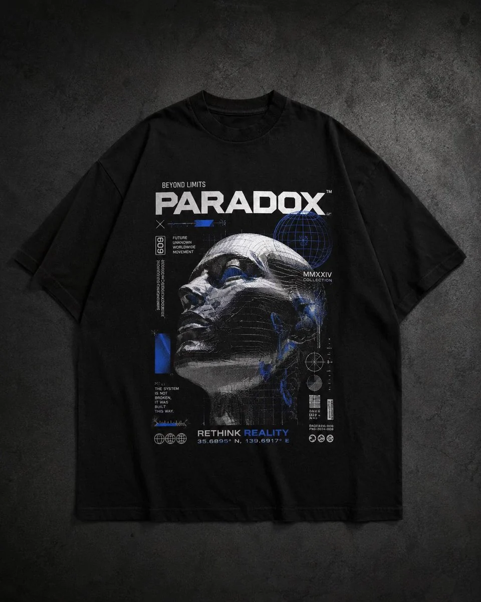Premium streetwear graphic tee product mockup with bold apparel artwork, studio lighting and commercial catalog polish