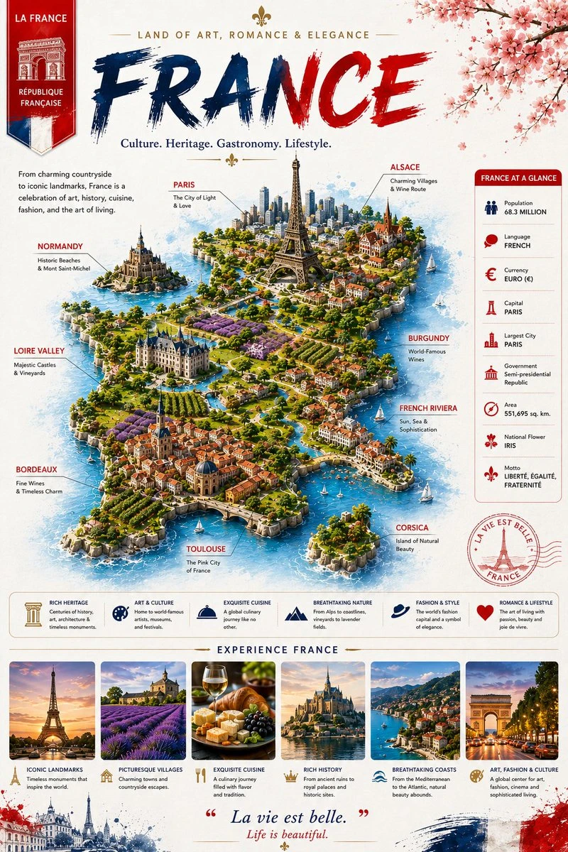 A colorful infographic poster of France highlights regions like Paris, Bordeaux, and Normandy, showcasing culture, cuisine, and landmarks