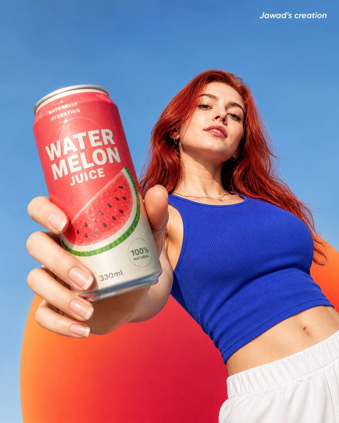 A confident young woman with vibrant red hair holds a watermelon juice can against a colorful gradient background, showcasing a summer vibe